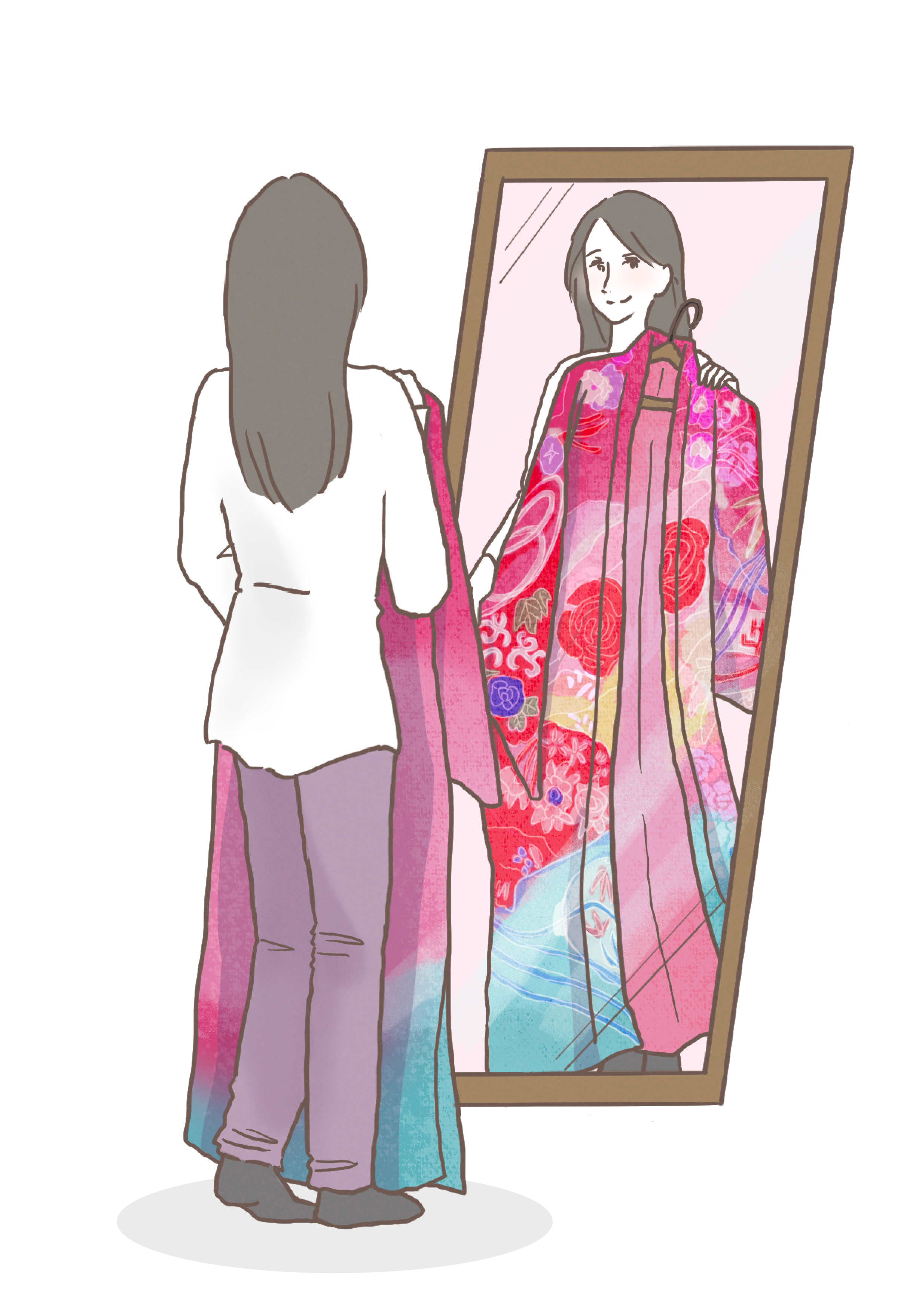 自宅で下見プランで着物をあわせている女性