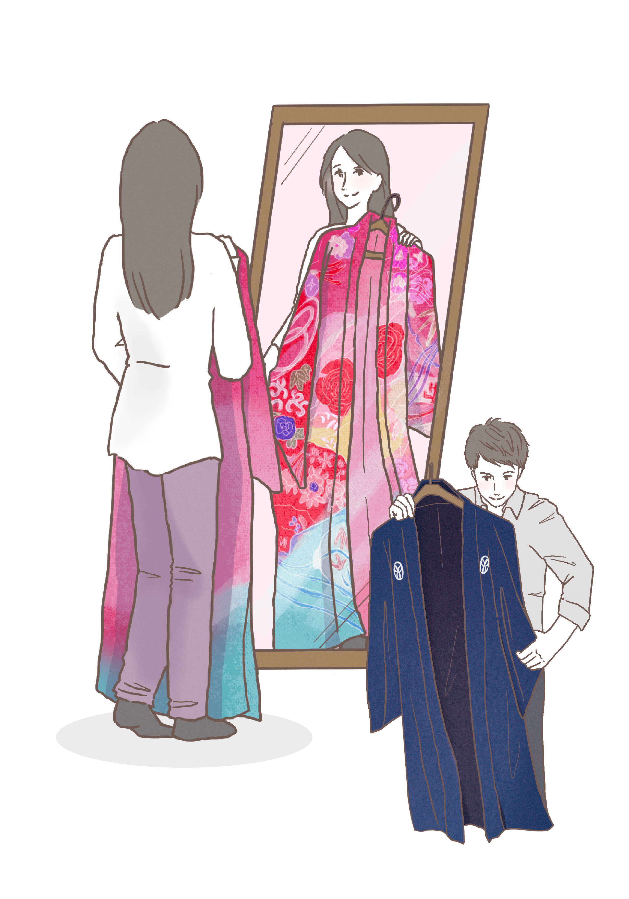 自宅で下見プランで着物をあわせている女性と男性