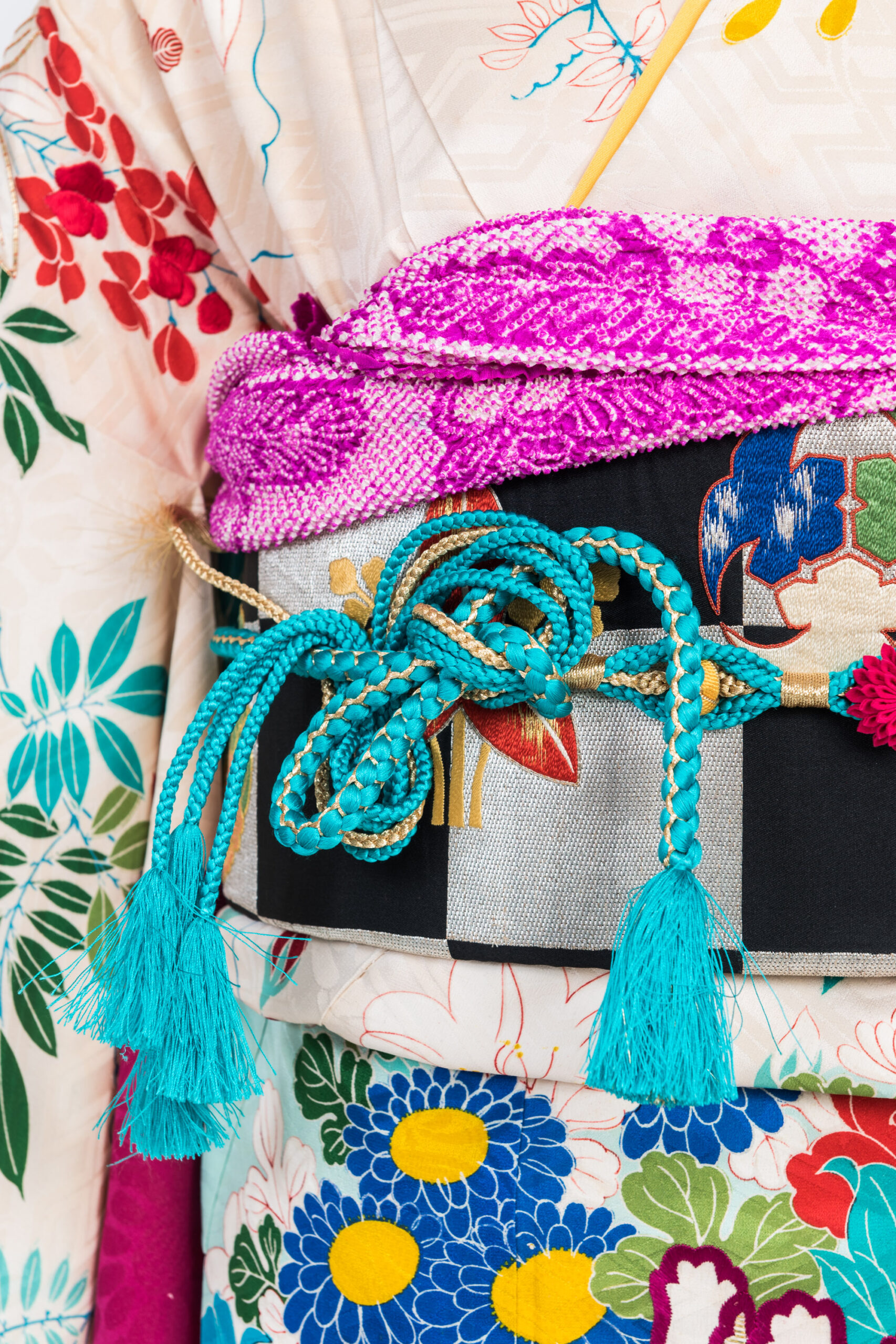 アンティーク　名古屋帯　絞り帯揚げ　平組帯締め　セット　刺繍　花柄　紫 アンティーク 名古屋帯 絞り帯揚げ 平組帯締め セット 刺繍 花柄