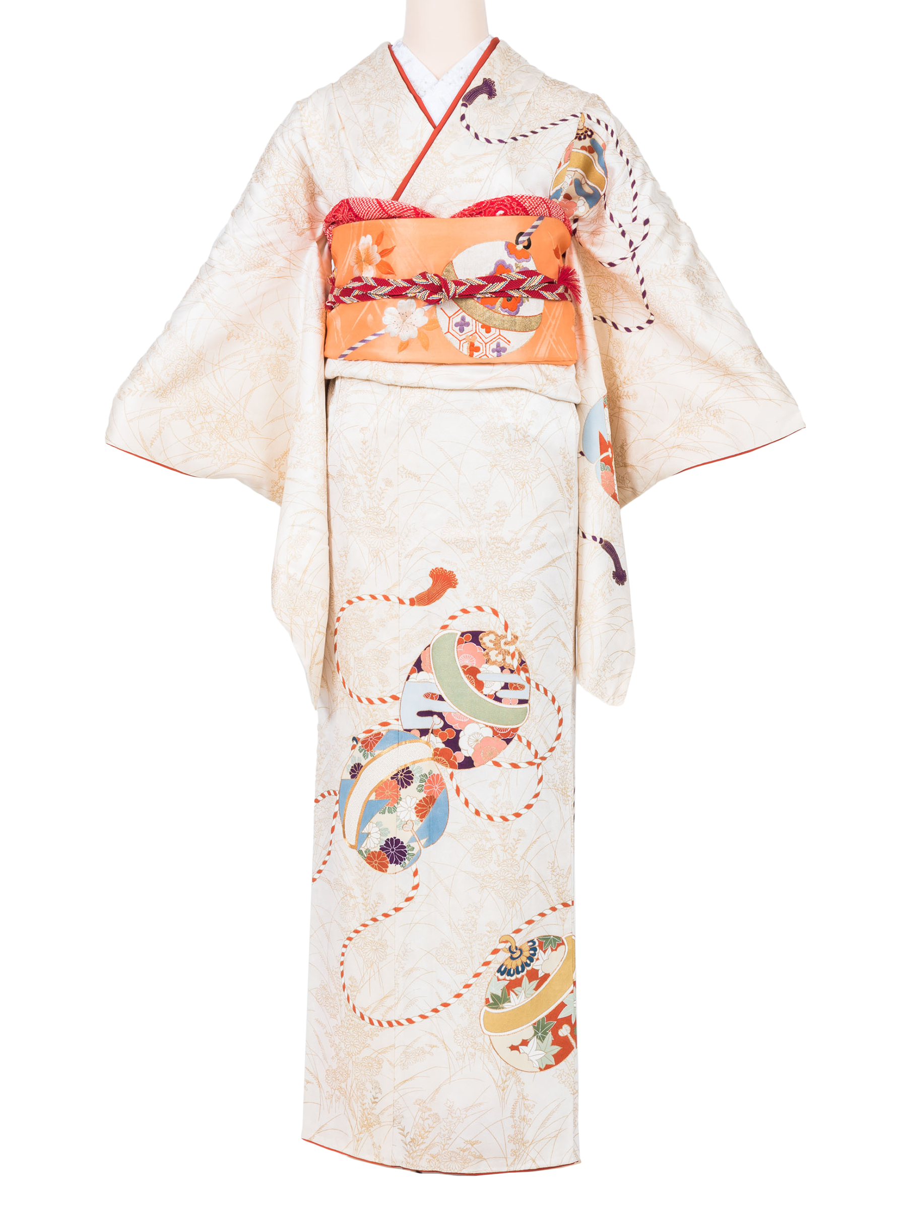 花柄訪問着 クリーム色 絹　白　アンティーク 花柄訪問着 クリーム色 絹白アンティーク