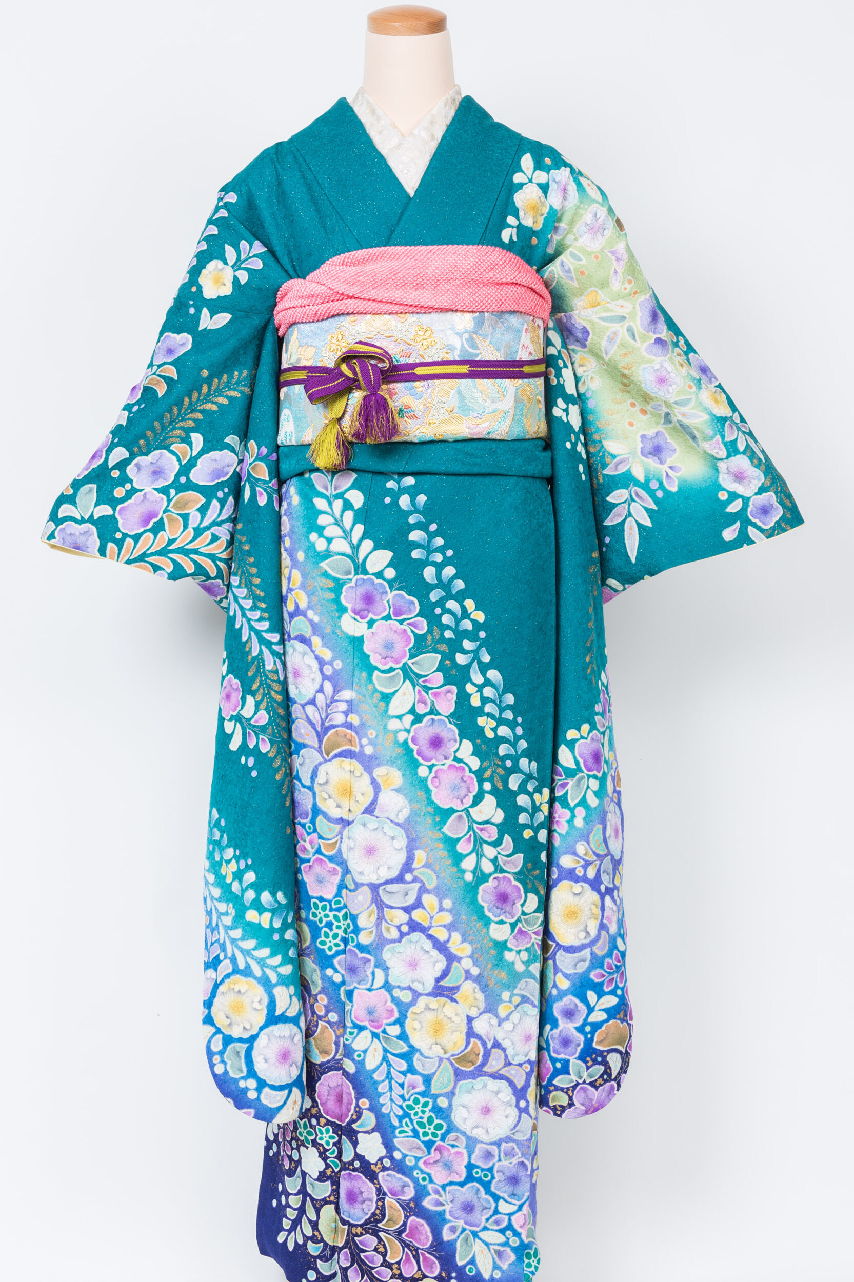 アンティーク 獅子 着物 青白 No5
